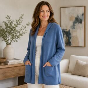 M Magaschoni SZ XL 100% Cashmere Open Cardigan Hooded Sweater Blue
